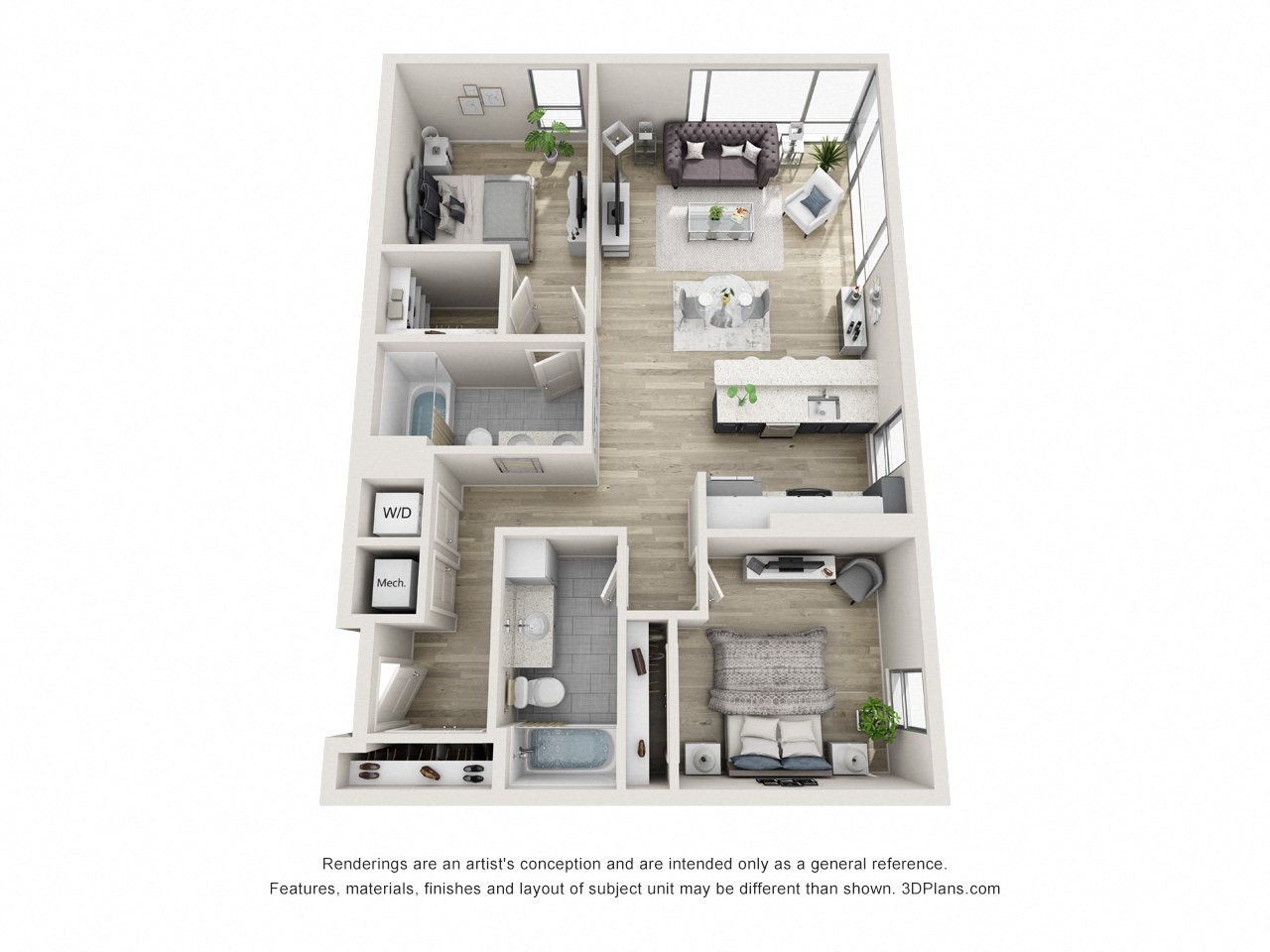 Floor plan for 2 beds, 2 baths, 1095 sqft